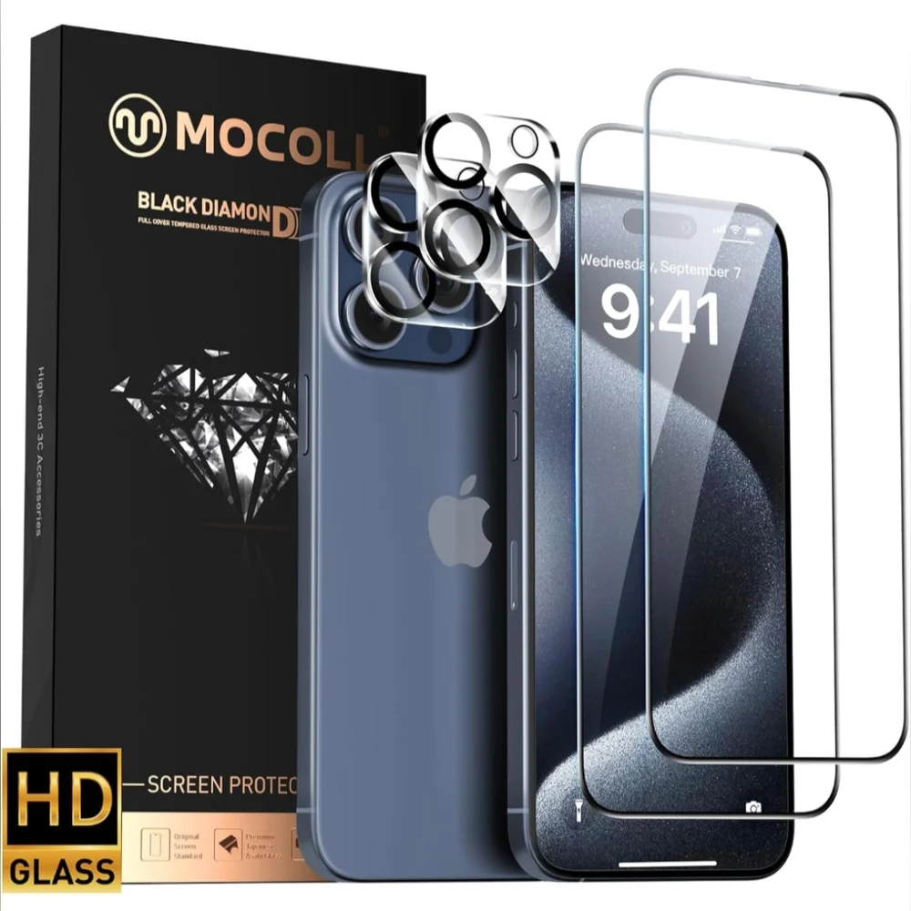 MOCOLL iPhone 15 Pro Max 1 Screen Protector & 1 Camera Lens Protector 6.7